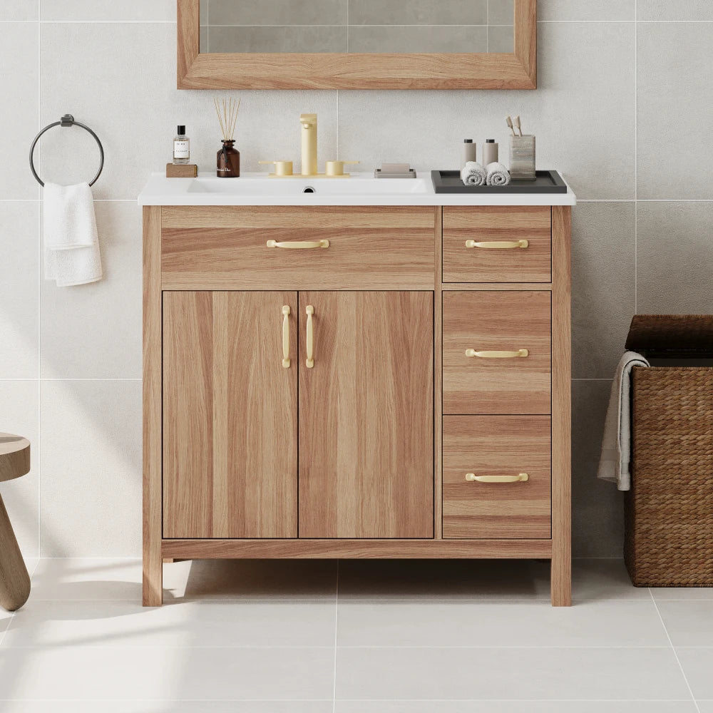 36" Wood Bathroom Vanity with Solid Wood Frame, 2 Soft Close Doors, 3 Soft Close Drawers, Adjustable Shelf, Modern Storage