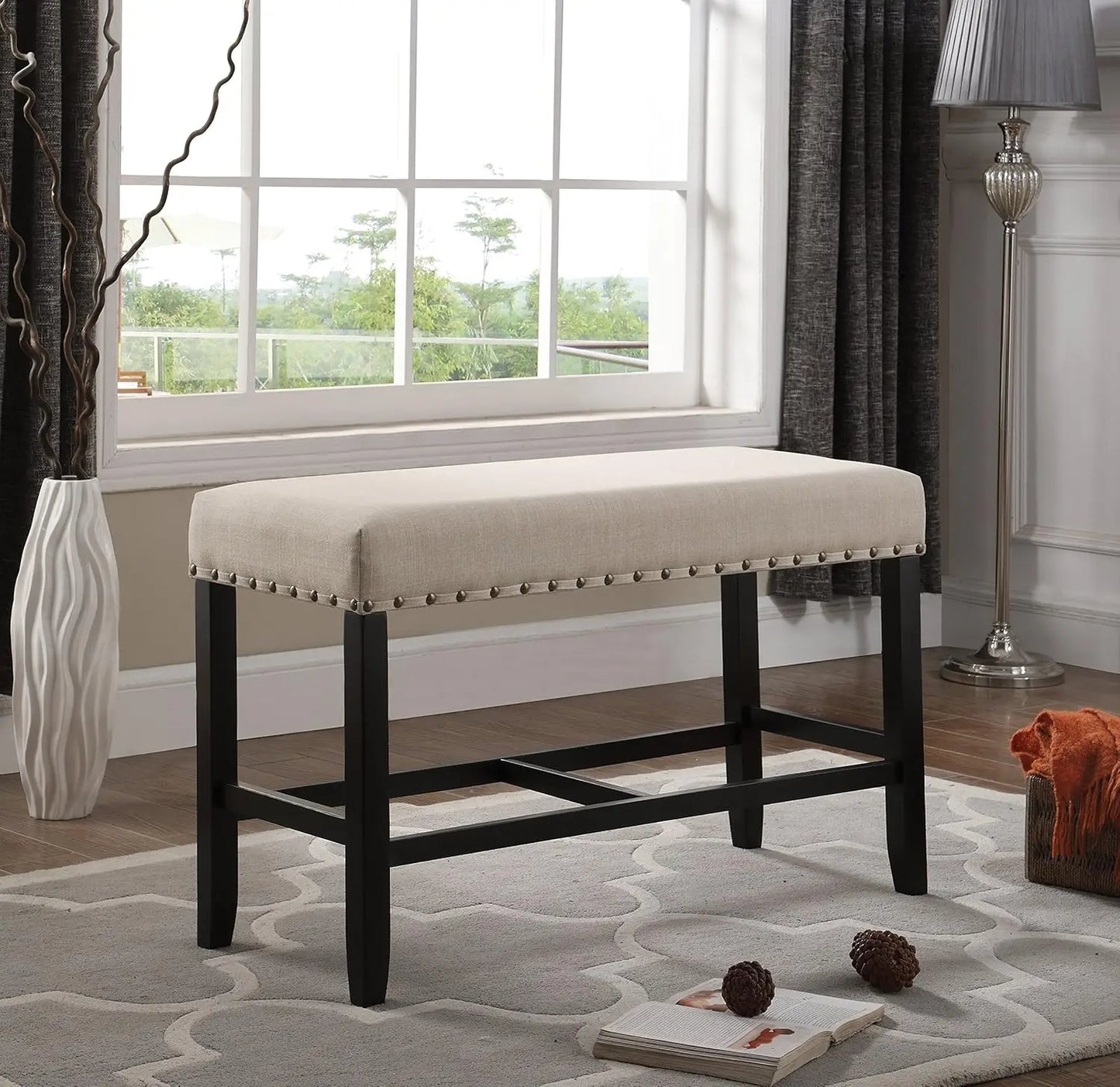 Biony Fabric Counter Height Bench With Nailhead Trim, Tan