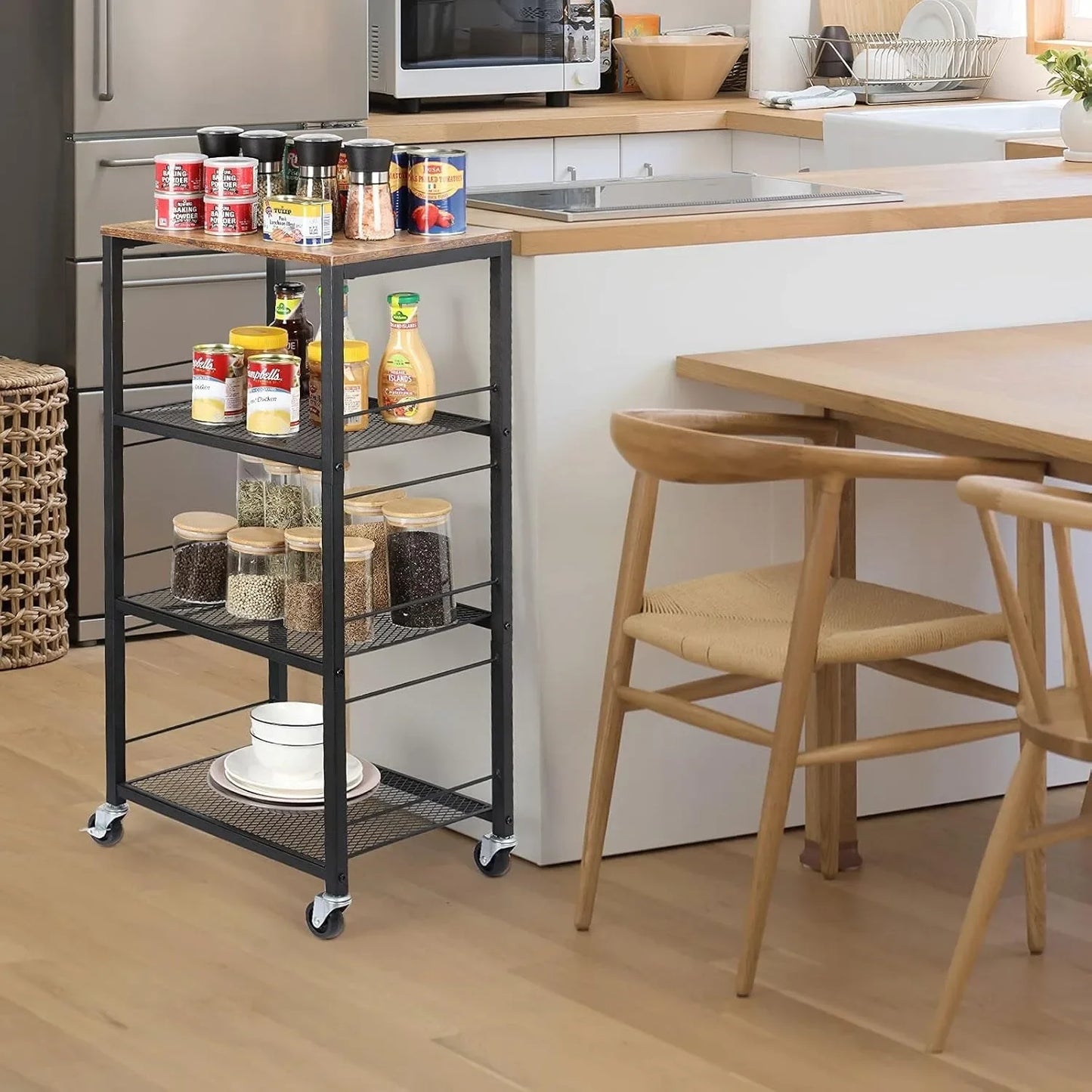 Heavy-Duty 4-Tier Wooden Kitchen Cart with Wheels | Microwave Stand & Bar Storage Trolley for Bedroom/Bathroom/Office