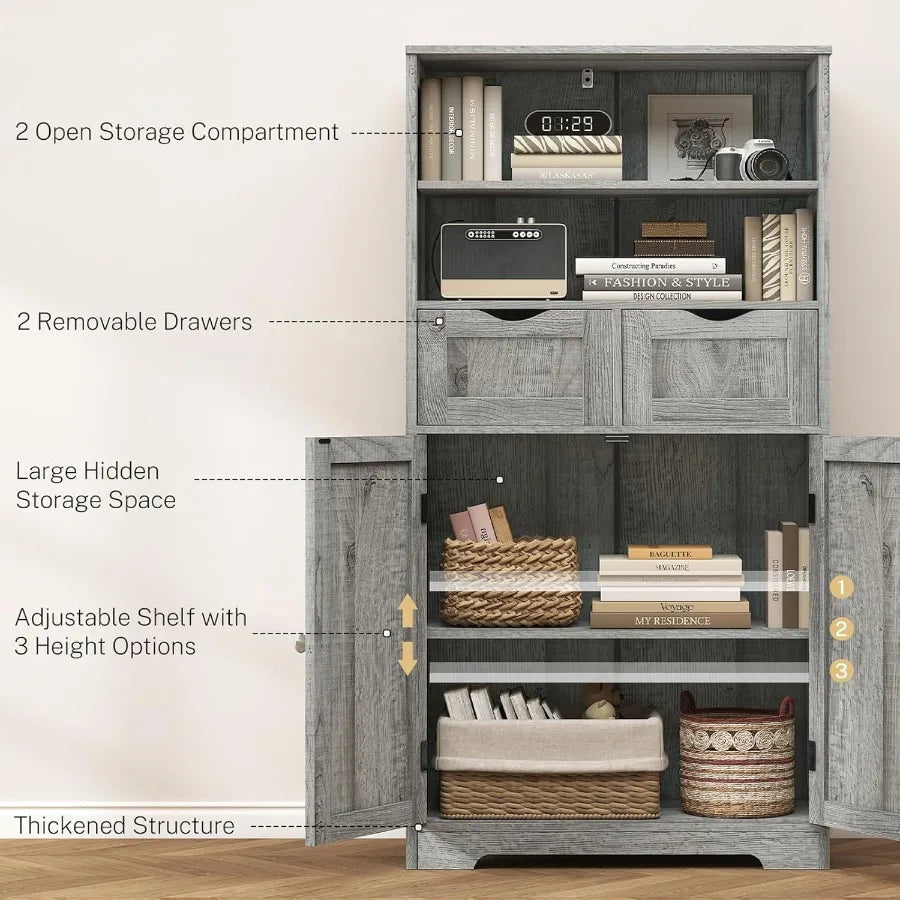 Tall Storage Cabinet with Adjustable Shelves Doors Bathroom Cabinet with 2 Drawers Cupboard for Living Room Dining Room Entrywa