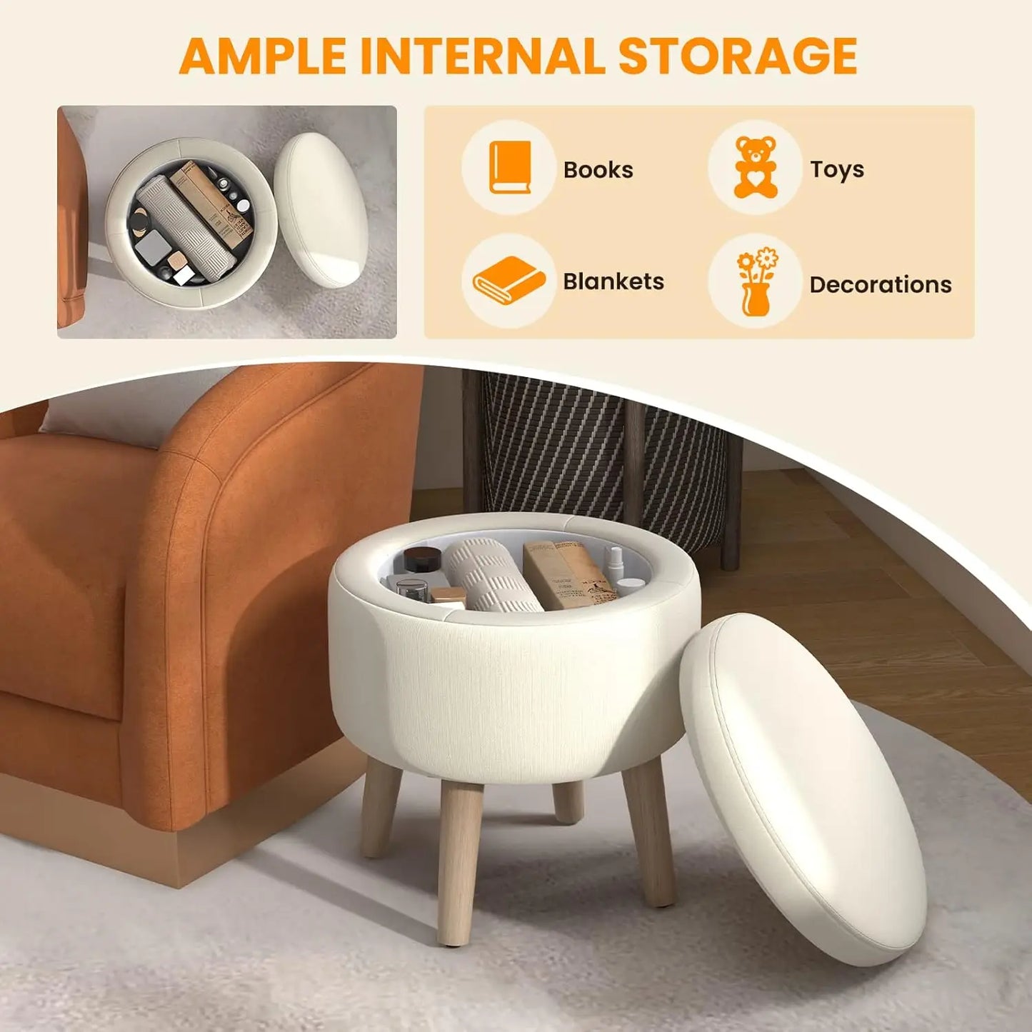 Storage Ottoman Foot Rest - Round Ottoman Coffee Table Top Cover, Wood Legs, Adjustable Foot Pads, Modern Padded Vanity Stool