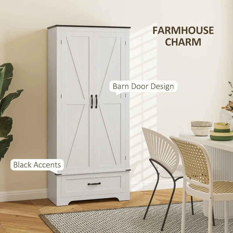 HOMCOM 72" Tall Farmhouse Kitchen Pantry Cabinet - Kitchen Storage Cabinet with Adjustable Shelves & 2 Barn Doors & Drawer