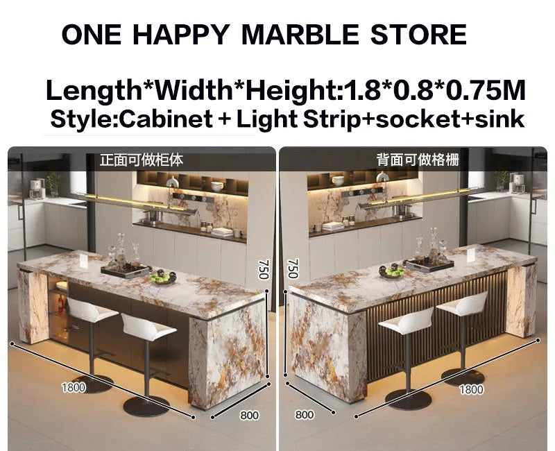 Luxury Marble Kitchen Island Dining Table, Custom Modern Bar Countertop, High-End Open Kitchen Design, Integrated Home Furniture