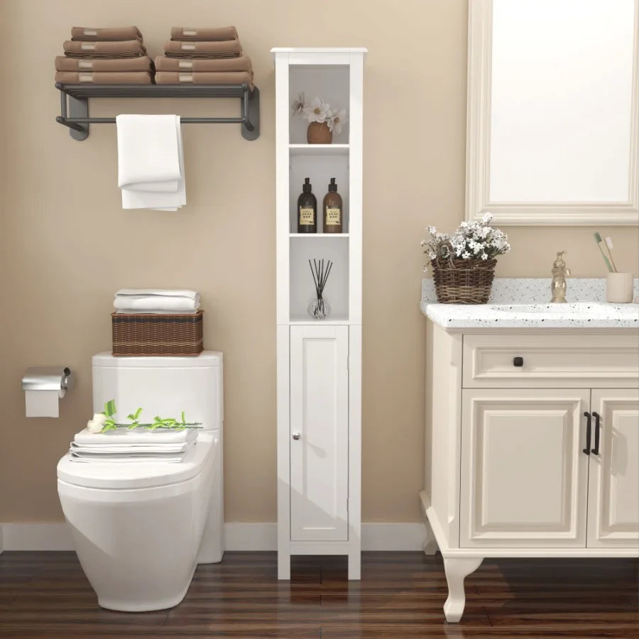66.92 Tall Bathroom Storage Cabinet with Adjustable Shelves Slim 1 Doors Freestanding Cabinet with AntiTip Open compartments fo