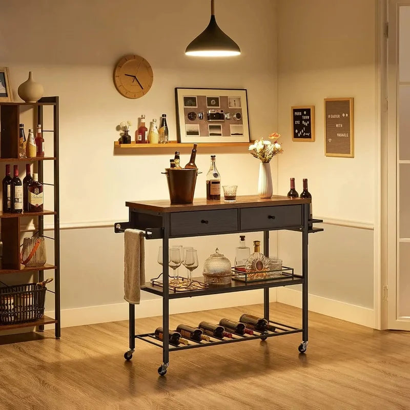 3-Tier Kitchen Island Cart with Microwave Stand, 2 Drawers, Towel Bar, Spice Holder, Rustic Brown, 17.7 x 46.9 x 35.8 Inches
