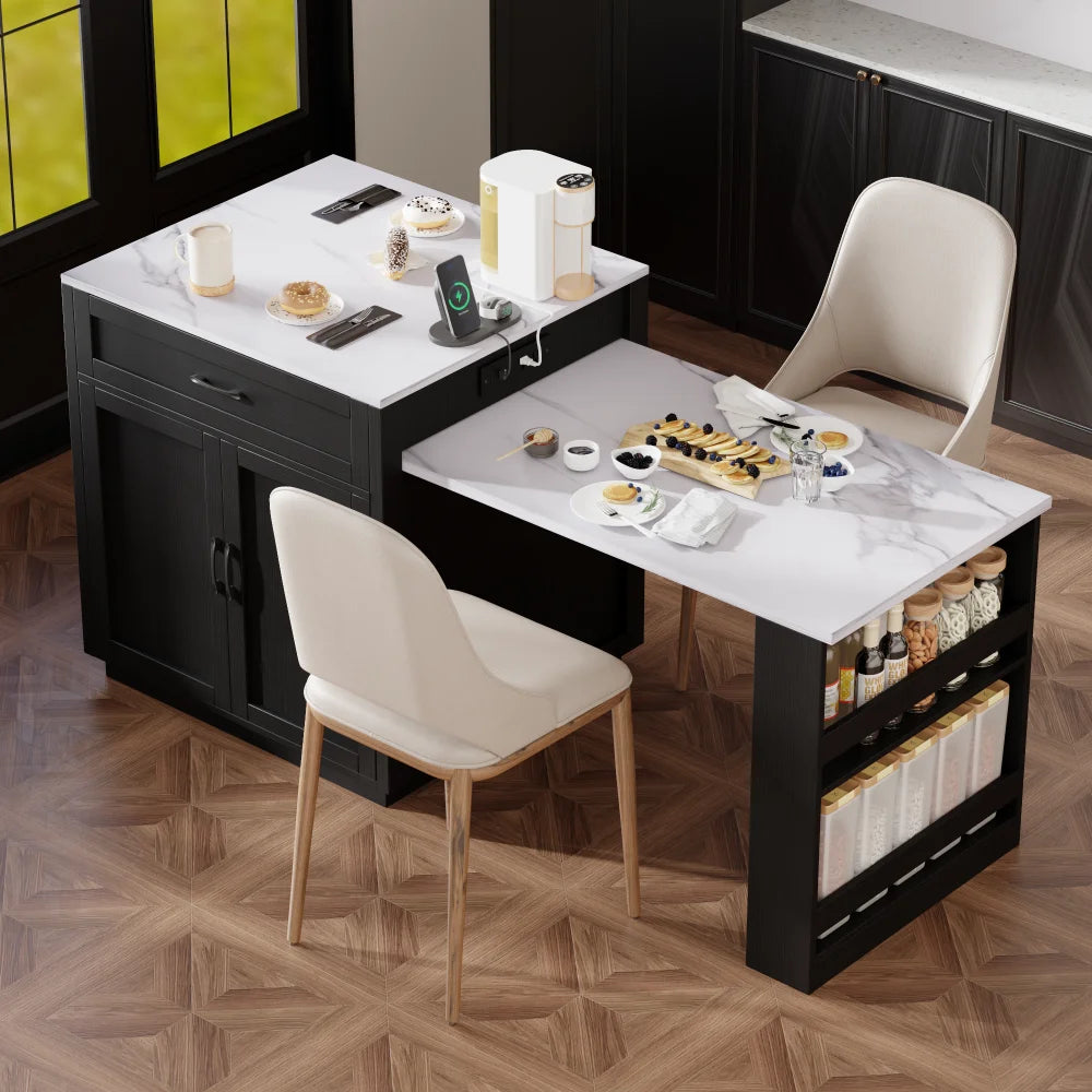 82.7 inch Kitchen Island with Extendable Dining Table for 4-6 Person,Faux Mable Kitchen Table with Double-sized Storage,Power