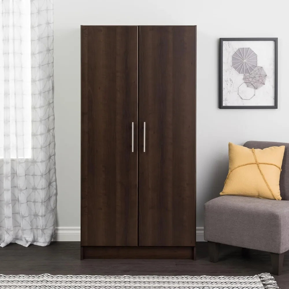 Elite 32" Storage Cabinet Closet, Brown Storage Cabinet, Linen Cabinet, Wardrobe Cabinet with Hanging Rail and Shelves 24.5" D