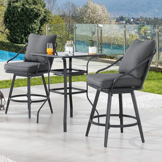 3Pcs Patio Bar Set Outdoor Black Glass Table with Metal Swivel Stools Grey Seat Cushion