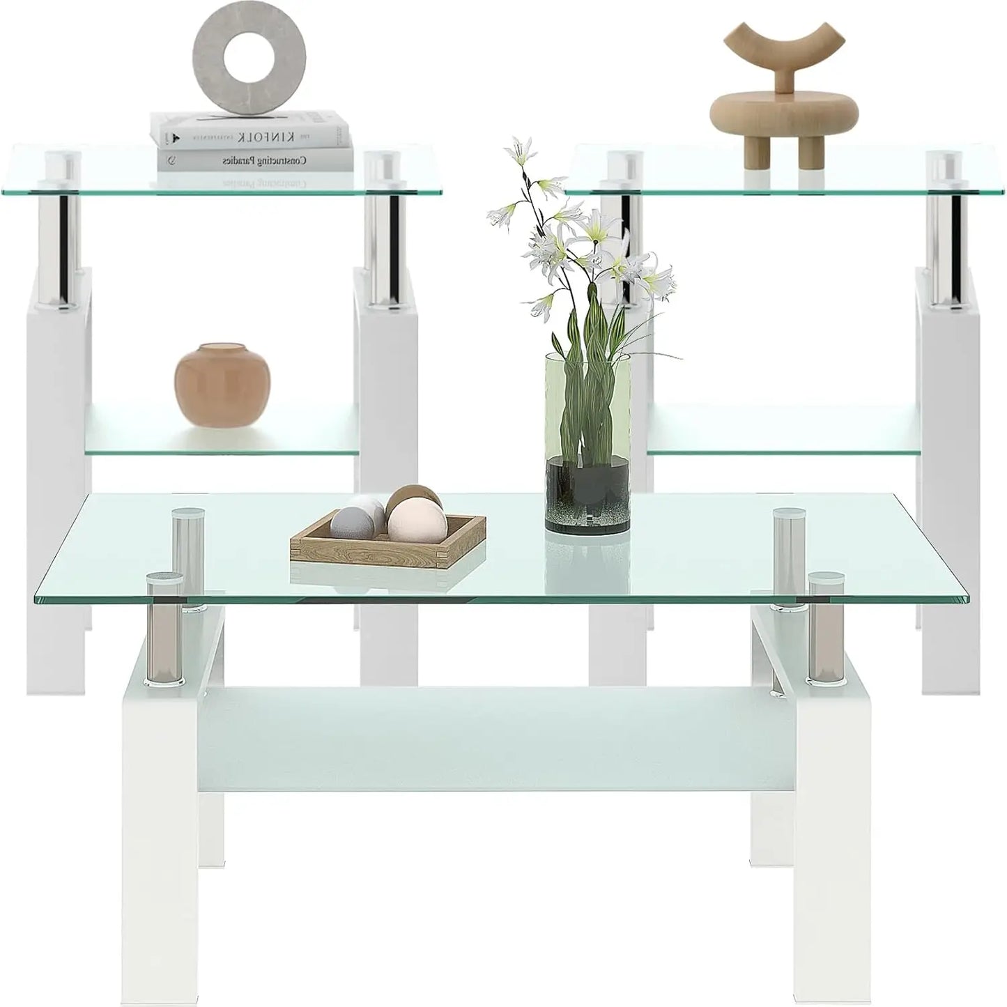 All Black Glass Coffee Table Set of 3 Piece, Living Room  Set of 3 Pcs, Black Glass Coffee  and End  Sets