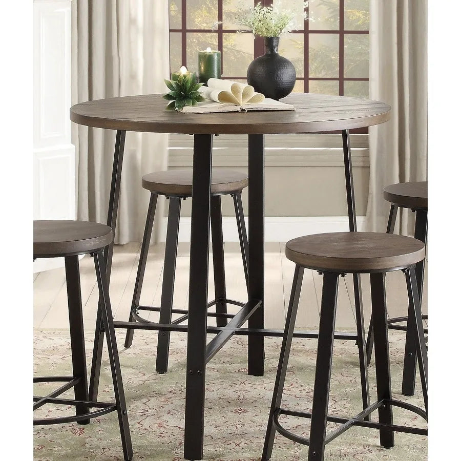 Rustic Industrial Style 5pc Counter Height Set Round Table and 4 Stools Gray Metal Finish Furniture