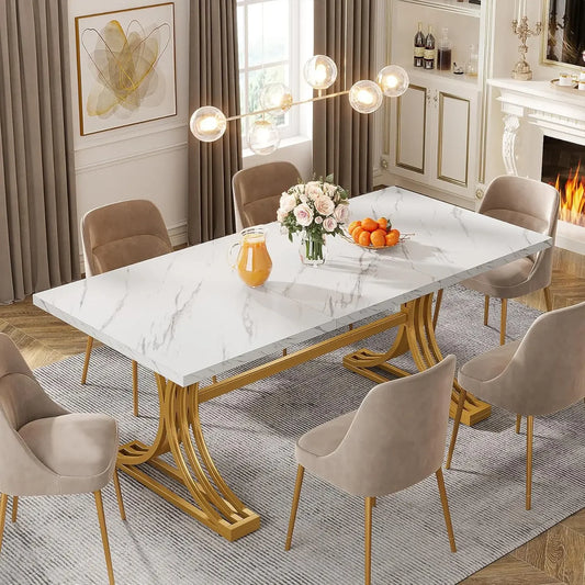 63-Inch Rectangular Dining Table for 4 to 6, Kitchen Tables for Dining Room, Modern Dinner Table with Faux Marble Table Top and