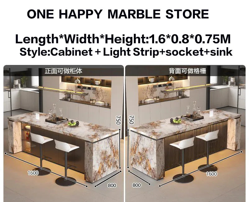 Luxury Marble Kitchen Island Dining Table, Custom Modern Bar Countertop, High-End Open Kitchen Design, Integrated Home Furniture