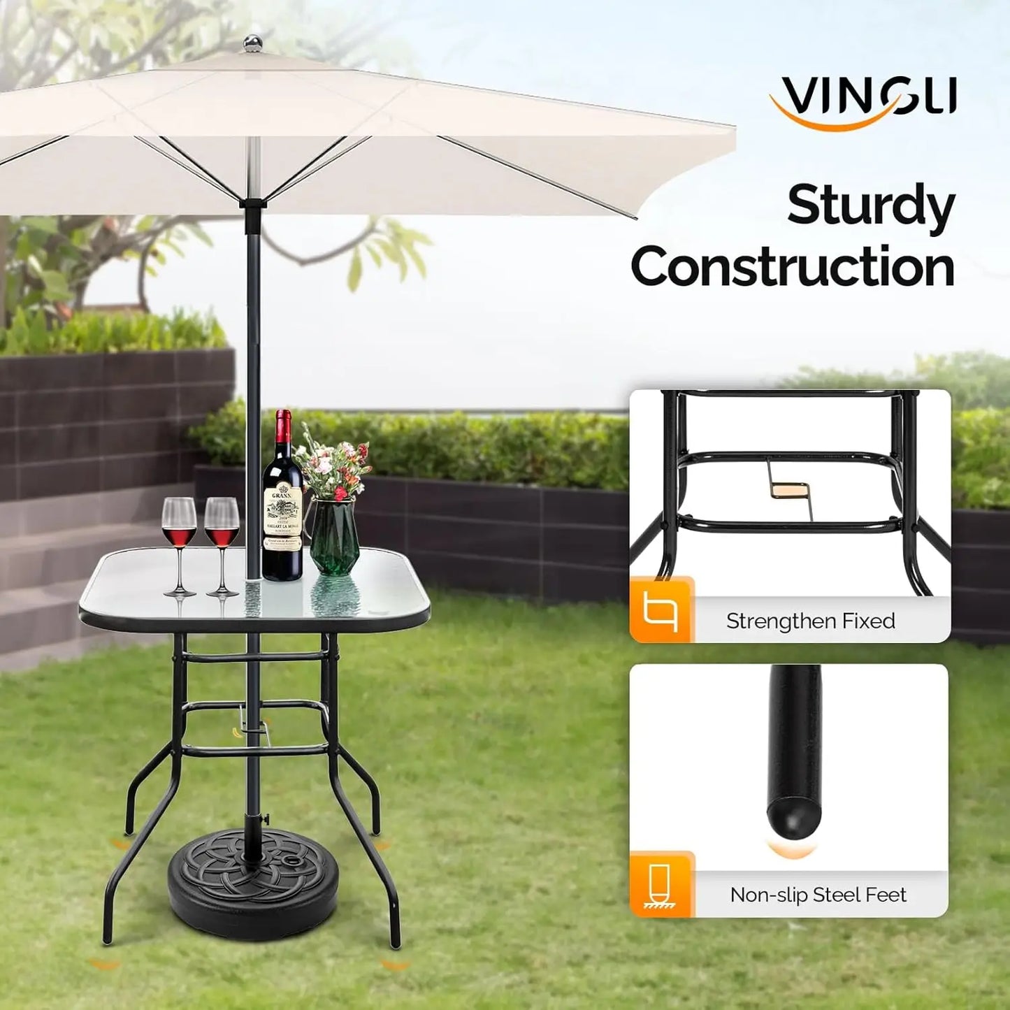 Glass Patio  with Umbrella Hole, 32" Square Outdoor Dining  Steel Tempered Glass Patio Table Outdoor