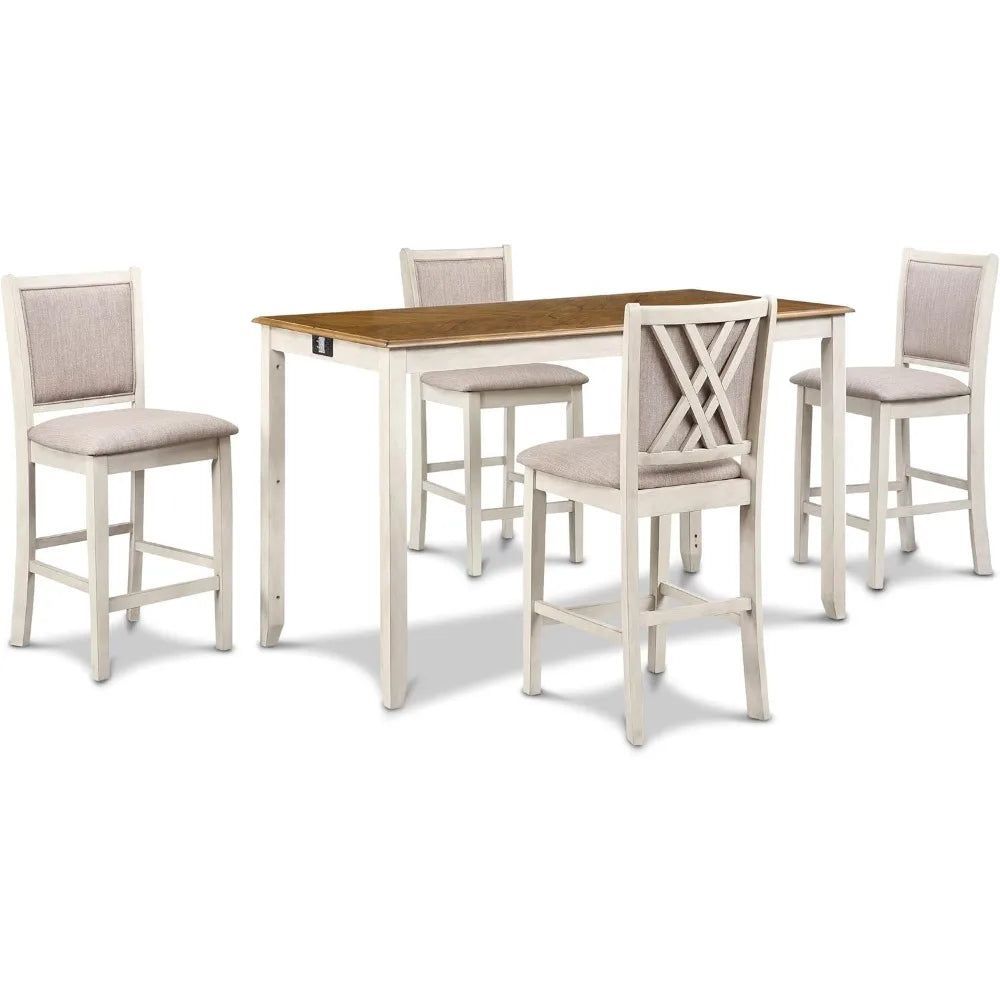 Farmhouse Kitchen Counter Island Dining Table for 4 with Storage Shelf & USB Chargers
