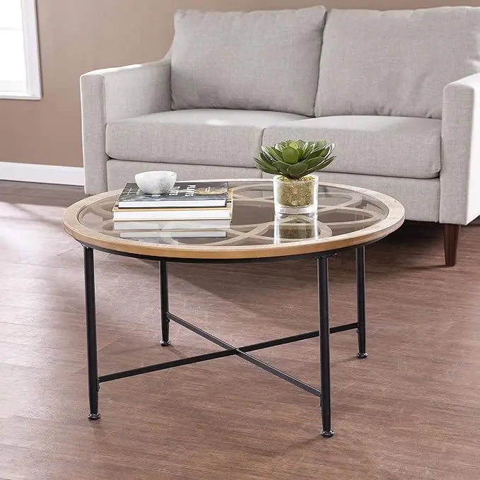 Elegant Round Coffee Table - Glass Top, Wood Trim, and Metal Base for Home Decoration