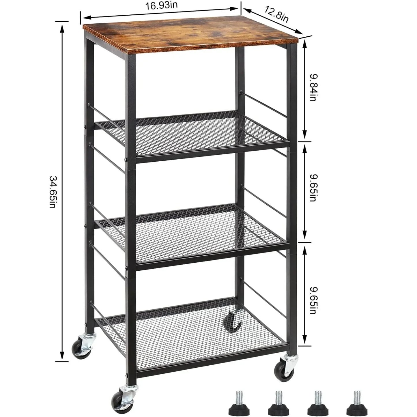 Heavy-Duty 4-Tier Wooden Kitchen Cart with Wheels | Microwave Stand & Bar Storage Trolley for Bedroom/Bathroom/Office