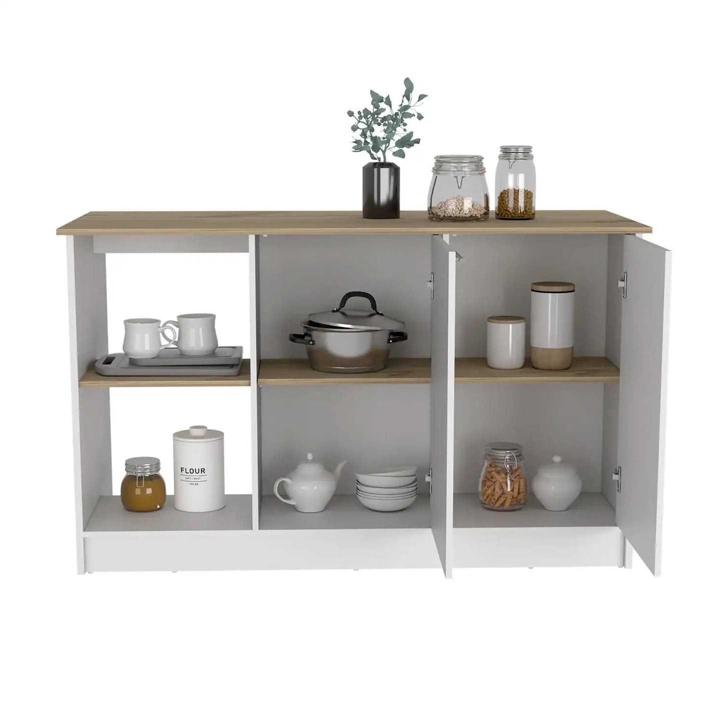 Juniper Kitchen Island with Large Top Surface, Double Door Cabinet, and Open Shelves White / Light Oak