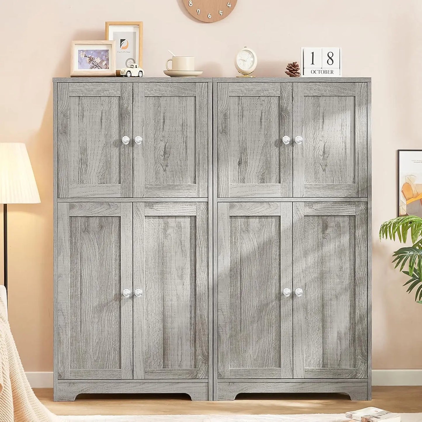 Storage Cabinet Bathroom Cabinet with 4 Doors 2 Adjustable Shelves 6 Adjustable Heights Cupboard for Living Room Entryway Home O