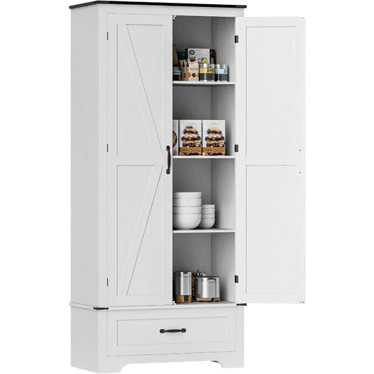 HOMCOM 72" Tall Farmhouse Kitchen Pantry Cabinet - Kitchen Storage Cabinet with Adjustable Shelves & 2 Barn Doors & Drawer