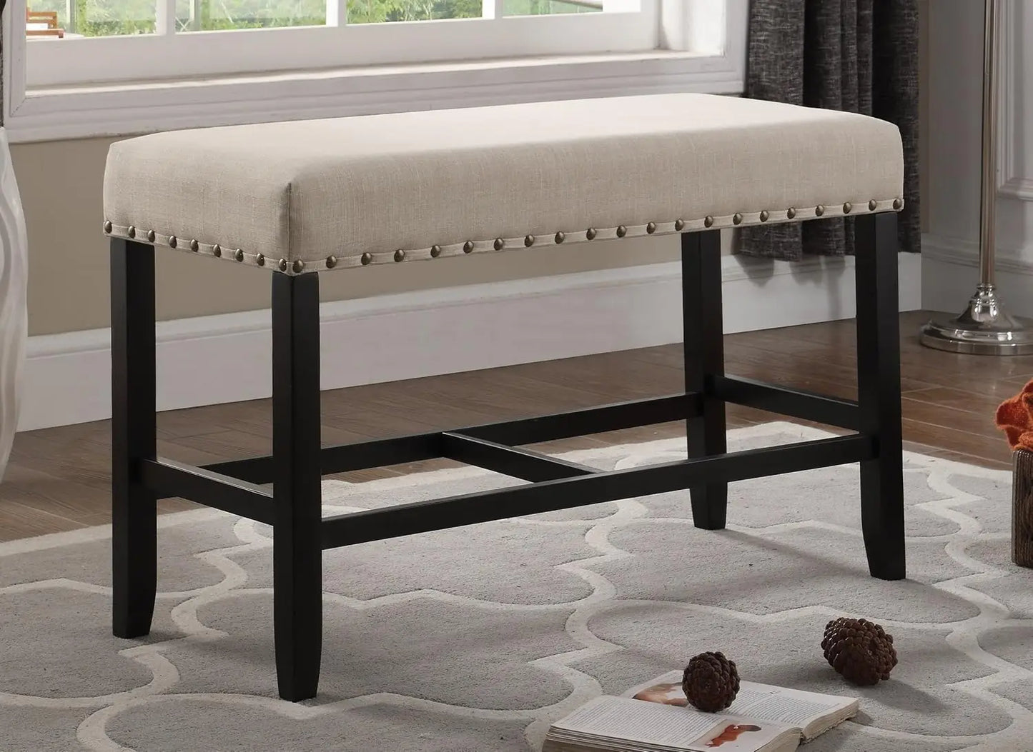 Biony Fabric Counter Height Bench With Nailhead Trim, Tan