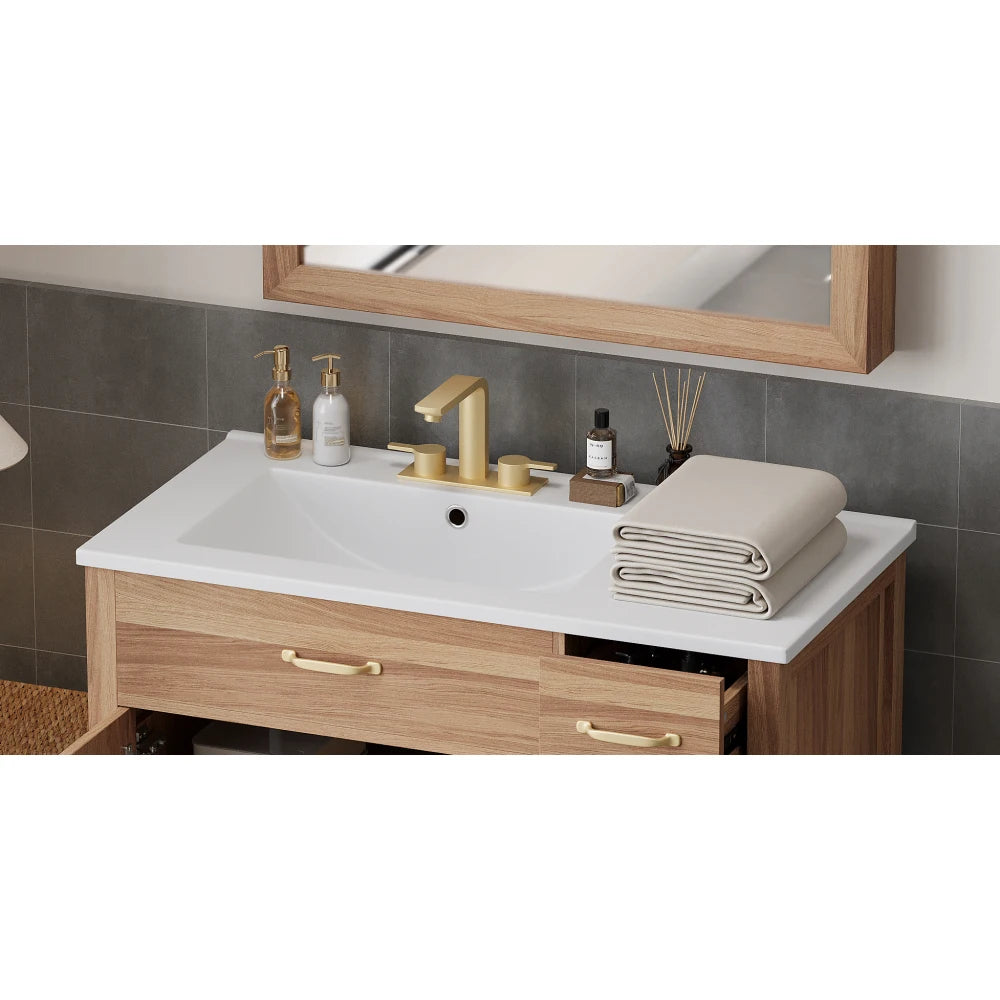 36" Wood Bathroom Vanity with Solid Wood Frame, 2 Soft Close Doors, 3 Soft Close Drawers, Adjustable Shelf, Modern Storage