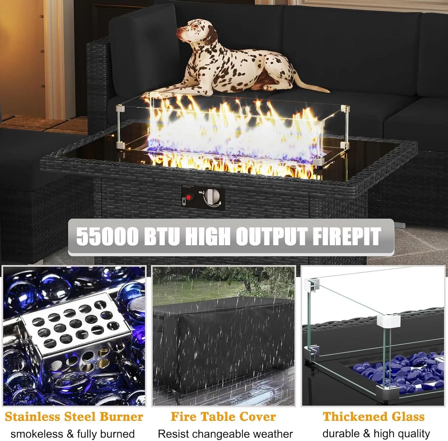 15 Piece Patio Furniture Set with Fire Pit Table, Outdoor Conversation Sets Wicker Rattan Sectional Sofa with Coffee Table