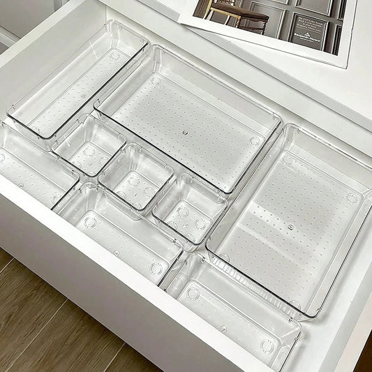 7 件套 Desk Drawer Organizers Set Plastic Bathroom Storage Makeup Organizer Clear Transparent Storage Box Drawer Organizer