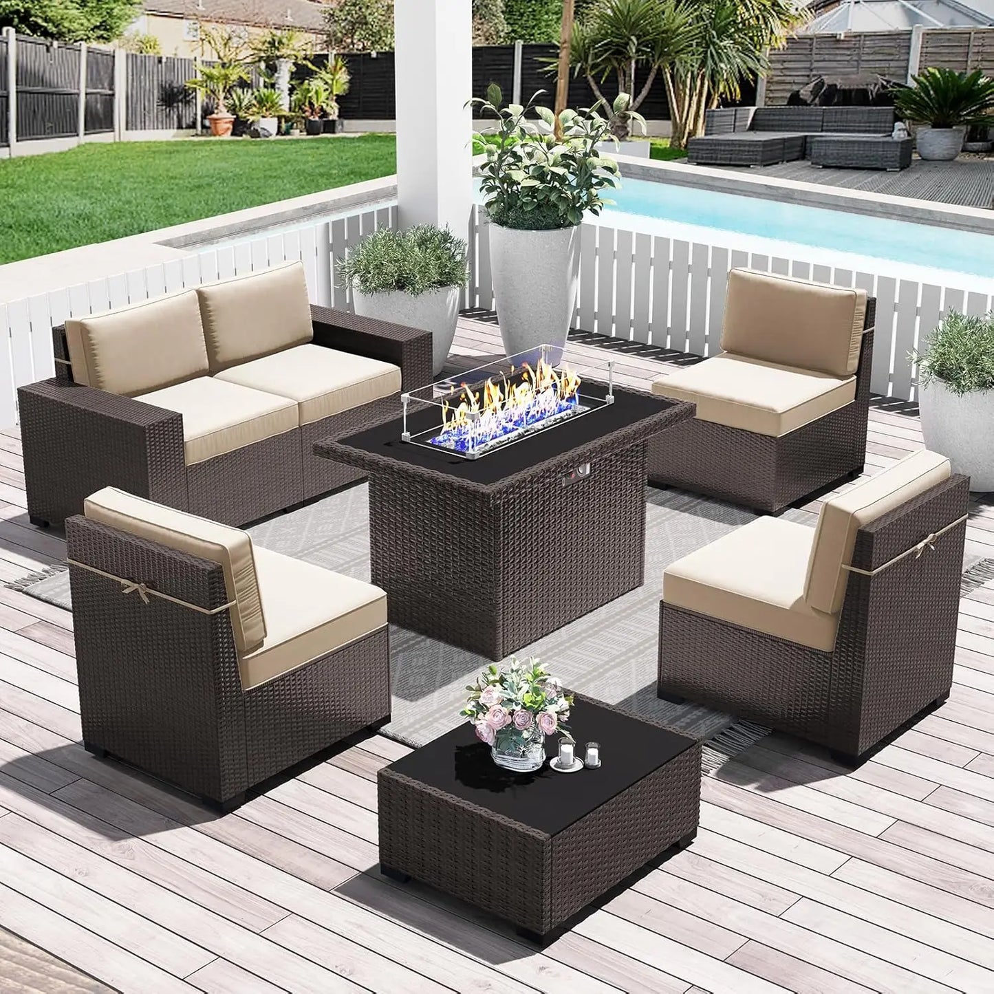 15 Piece Patio Furniture Set with Fire Pit Table, Outdoor Conversation Sets Wicker Rattan Sectional Sofa with Coffee Table