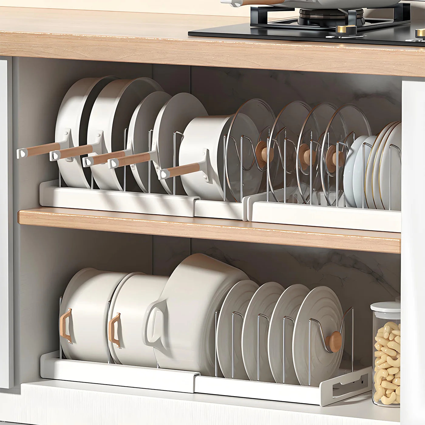 Expandable Utensil Storage Rack, Extendable Pot and Pan Organizer for Kitchen Cabinets, with 12 Adjustable Shelves, White