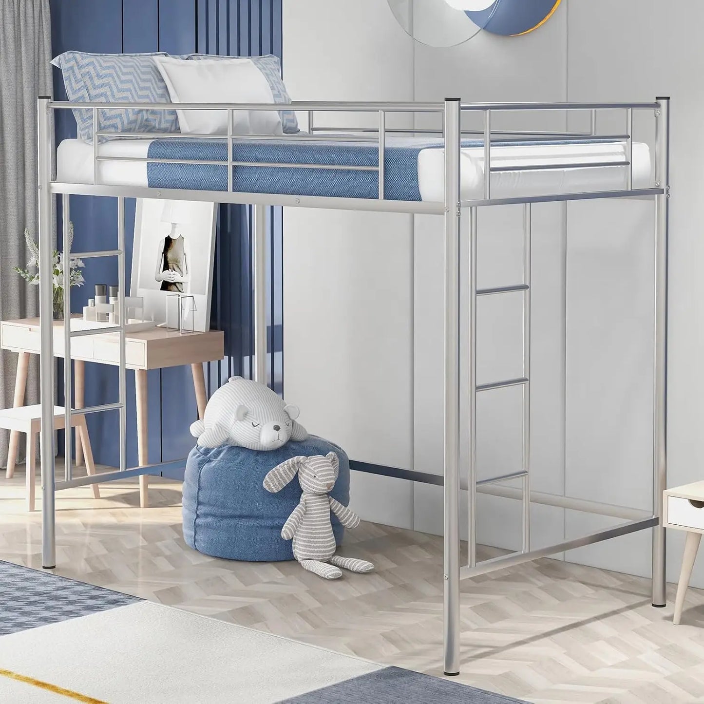 Metal Loft Bed,Metal Twin Loft Bed Frame,Mattress Foundation,Space-Saving,Noise Free, For Adults/Teens,No Box Spring