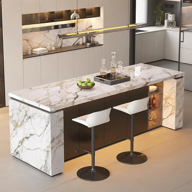 Luxury Marble Kitchen Island Dining Table, Custom Modern Bar Countertop, High-End Open Kitchen Design, Integrated Home Furniture