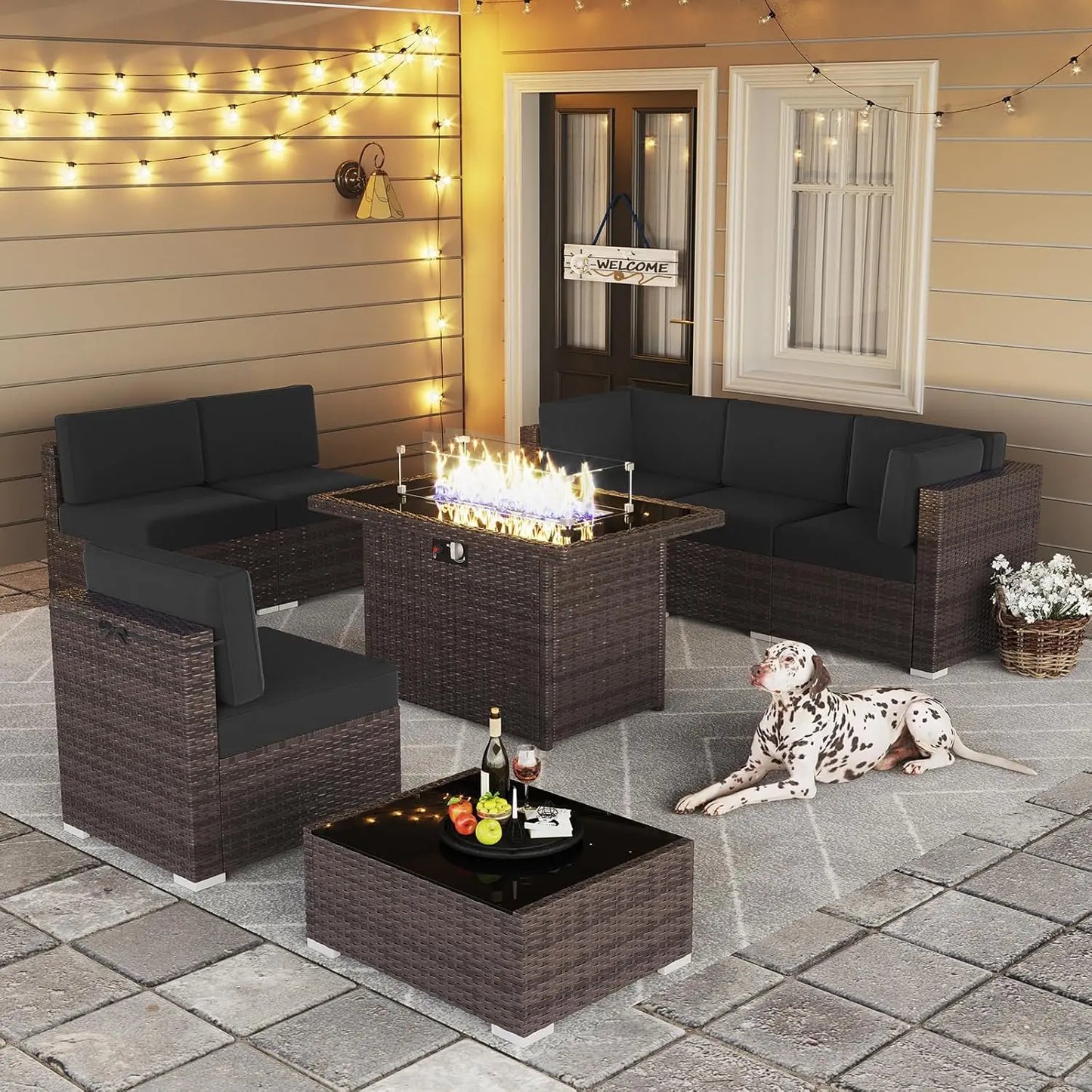 15 Piece Patio Furniture Set with Fire Pit Table, Outdoor Conversation Sets Wicker Rattan Sectional Sofa with Coffee Table