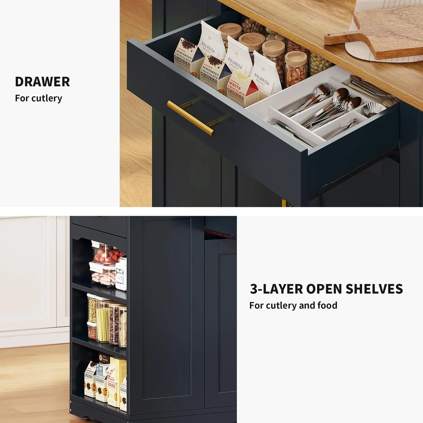 53 Inch Large Rolling Kitchen Island with Trash Can Storage,Portable Mobile Islands Table Floating Movable for 13 Gallon Bin