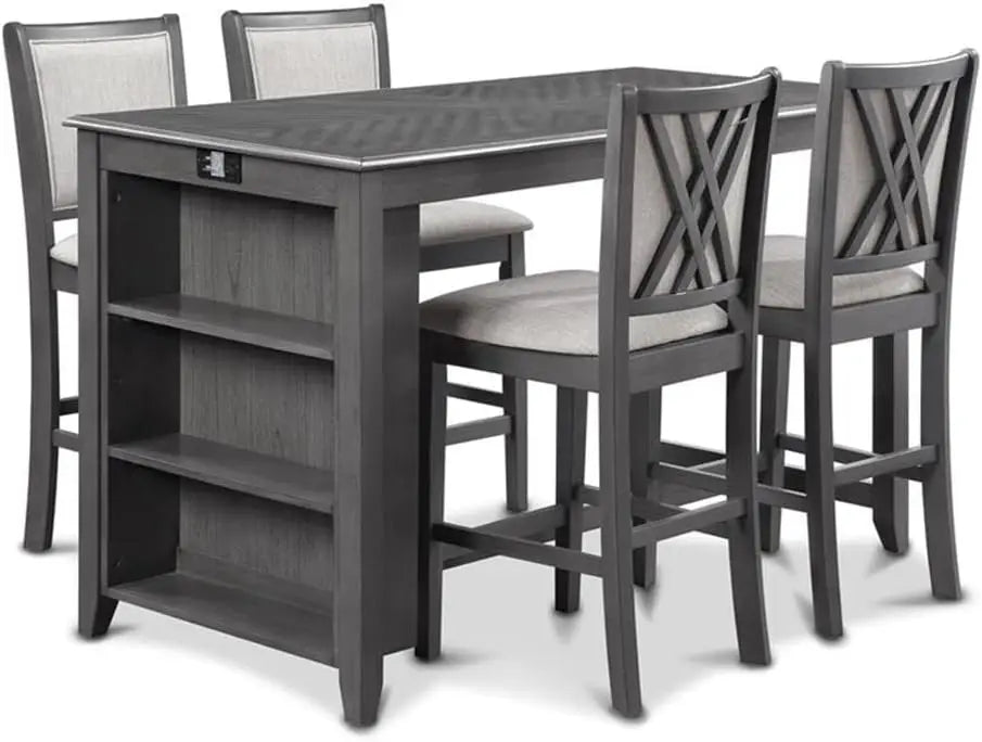 Farmhouse Kitchen Counter Island Dining Table for 4 with Storage Shelf & USB Chargers