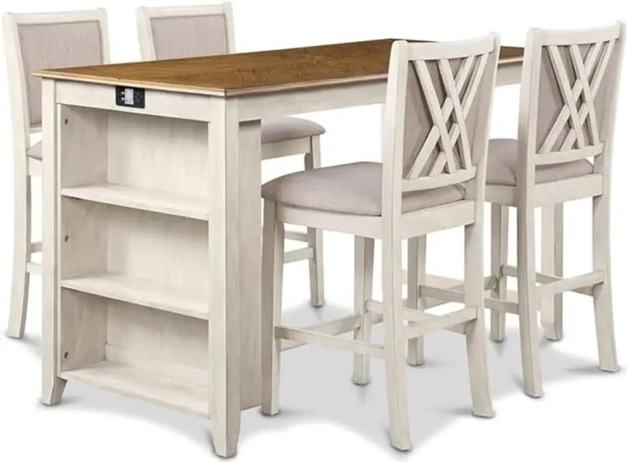Farmhouse Kitchen Counter Island Dining Table for 4 with Storage Shelf & USB Chargers