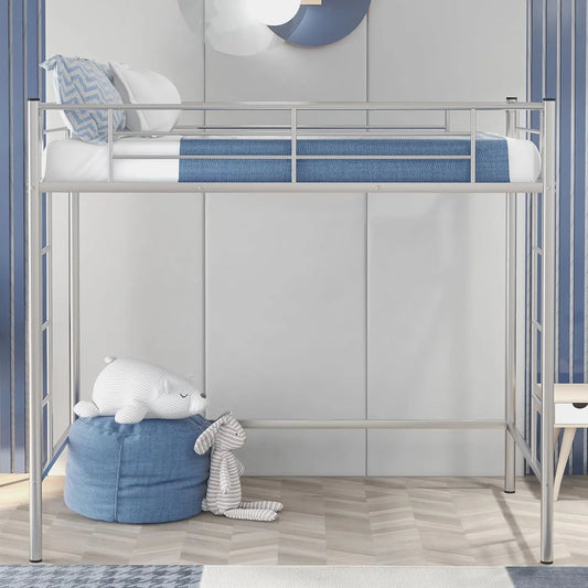 Metal Loft Bed,Metal Twin Loft Bed Frame,Mattress Foundation,Space-Saving,Noise Free, For Adults/Teens,No Box Spring