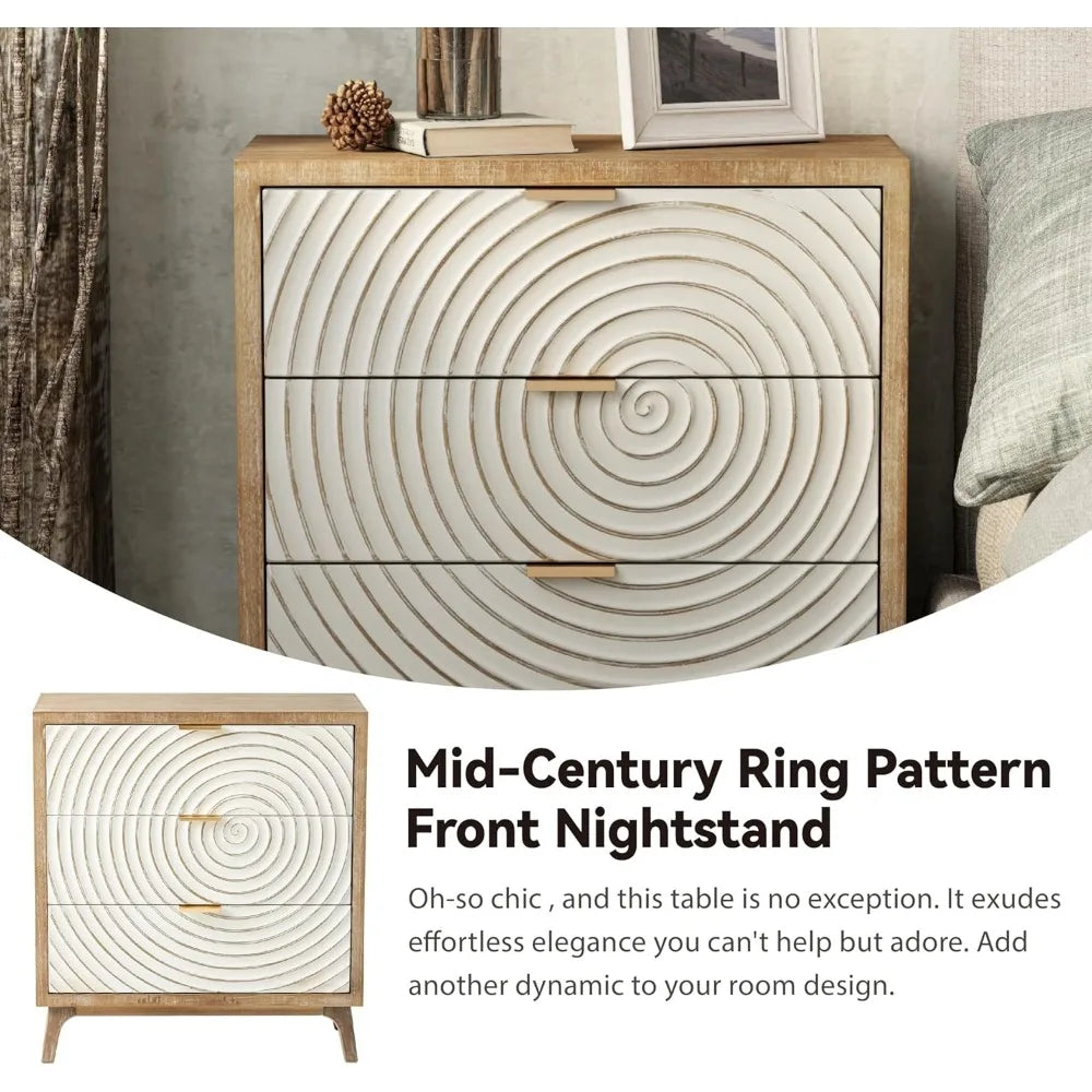 Farmhouse 3 Drawer Dresser with Handcrafted Wood Ring Motif, White Nightstand for Bedroom, Rustic & Natural, Fully Assembled, Bo