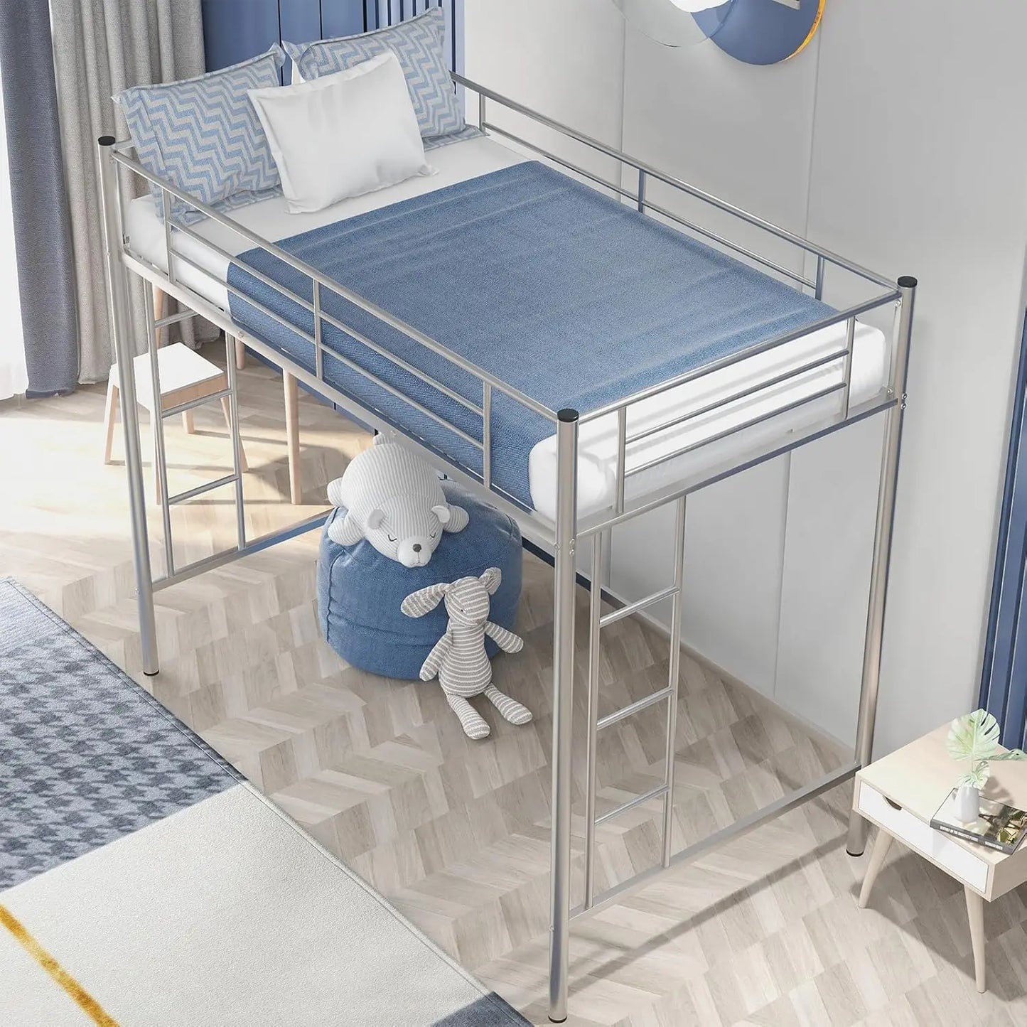 Metal Loft Bed,Metal Twin Loft Bed Frame,Mattress Foundation,Space-Saving,Noise Free, For Adults/Teens,No Box Spring