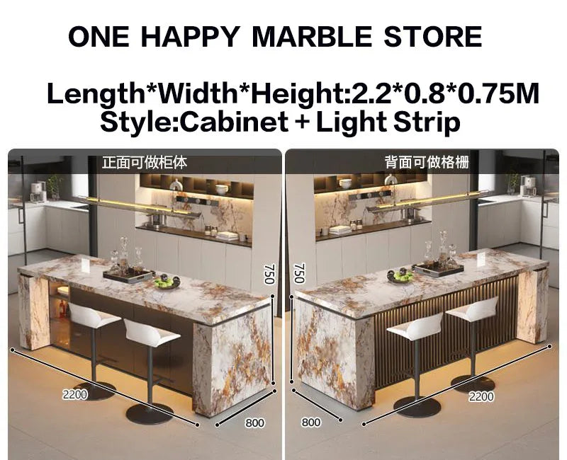 Luxury Marble Kitchen Island Dining Table, Custom Modern Bar Countertop, High-End Open Kitchen Design, Integrated Home Furniture