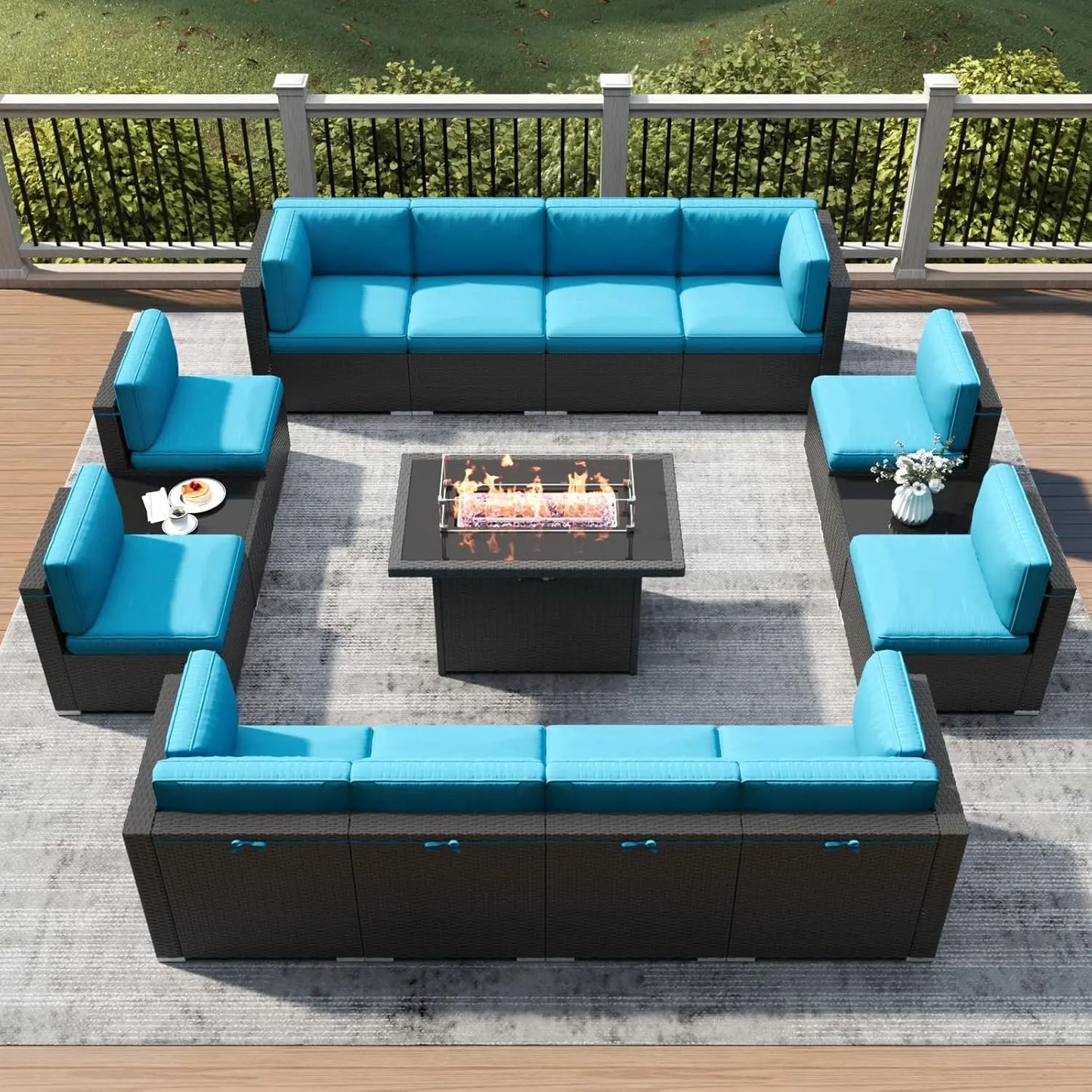 15 Piece Patio Furniture Set with Fire Pit Table, Outdoor Conversation Sets Wicker Rattan Sectional Sofa with Coffee Table