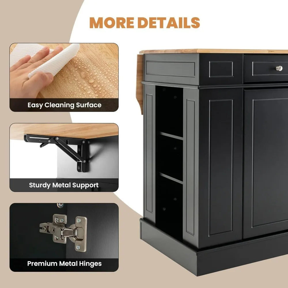 Kitchen island with rubber wood countertop, 2 drawers, 5 adjustable shelves and spice rack, kitchen home coffee bar island table