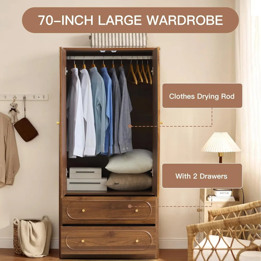 Fluted Freestanding Armoire Wardrobe Closet with 2 Doors and 2 Storage Drawers, Large Capacity Wardrobe Cabinet