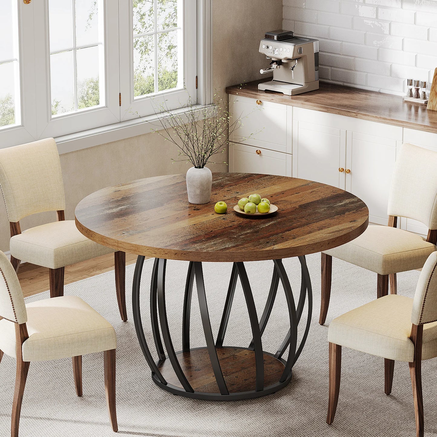 Tribesigns Round Dining Table, 46-Inch(118cm)Wood Kitchen Table with Sturdy Metal Base for 4-6 People,Rustic Brown