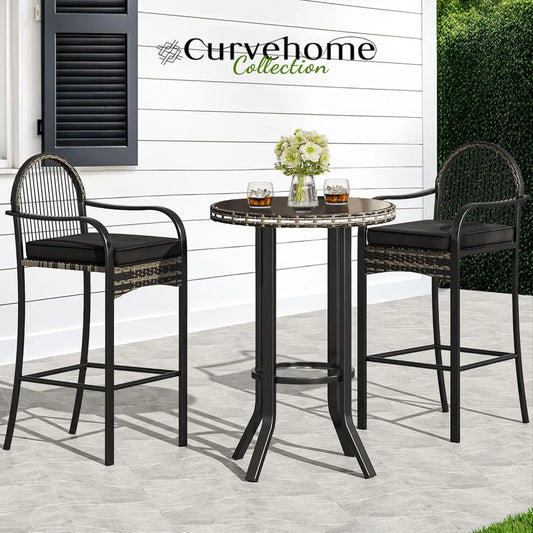 2025 NEW 3-Piece Outdoor Wicker Bar Height Set with Cushioned Barstools, Patio Bistro Furniture for Balcony and Poolside, Black