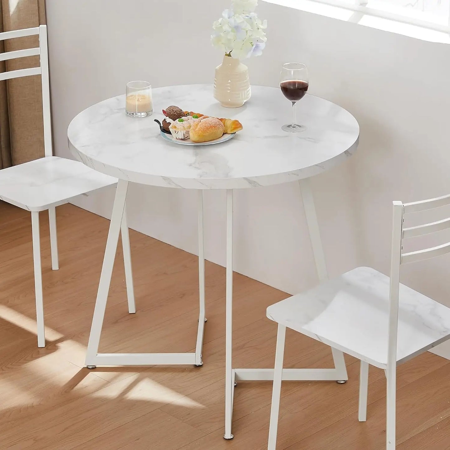 Round Dining Room Table with Wood Grain Tabletop and Steel Frame, for Kitchen, Living Room, Office, Conference,
