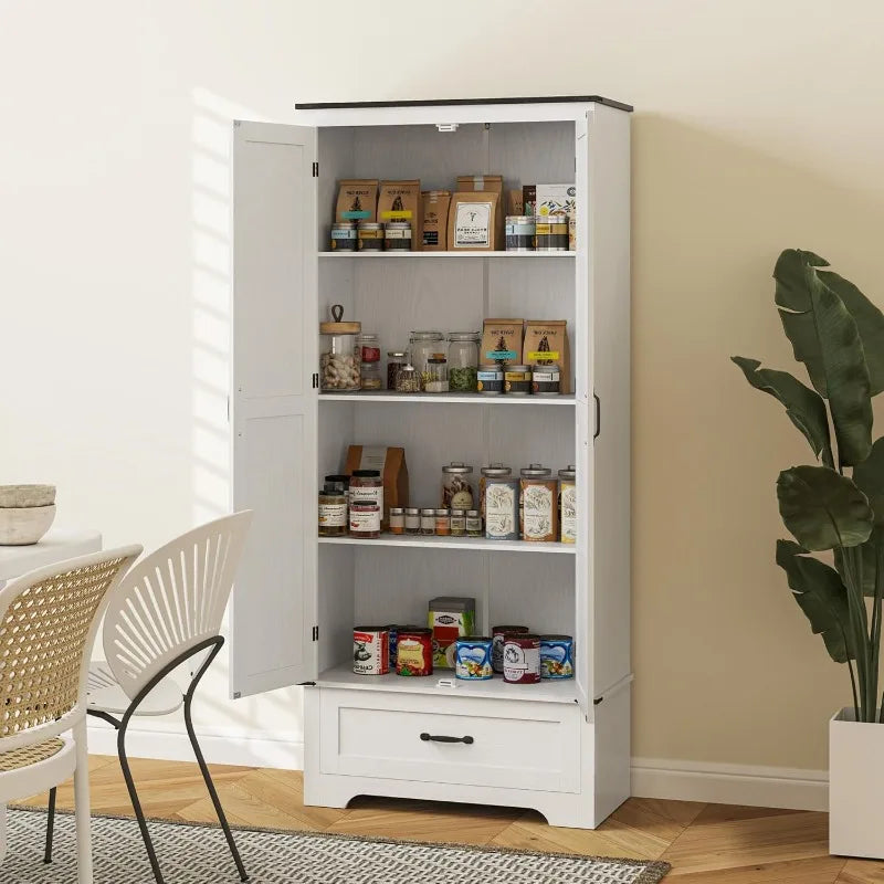 HOMCOM 72" Tall Farmhouse Kitchen Pantry Cabinet - Kitchen Storage Cabinet with Adjustable Shelves & 2 Barn Doors & Drawer