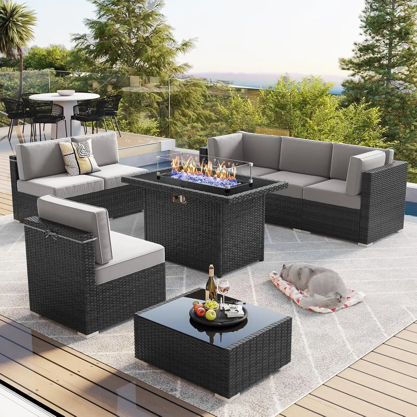 15 Piece Patio Furniture Set with Fire Pit Table, Outdoor Conversation Sets Wicker Rattan Sectional Sofa with Coffee Table