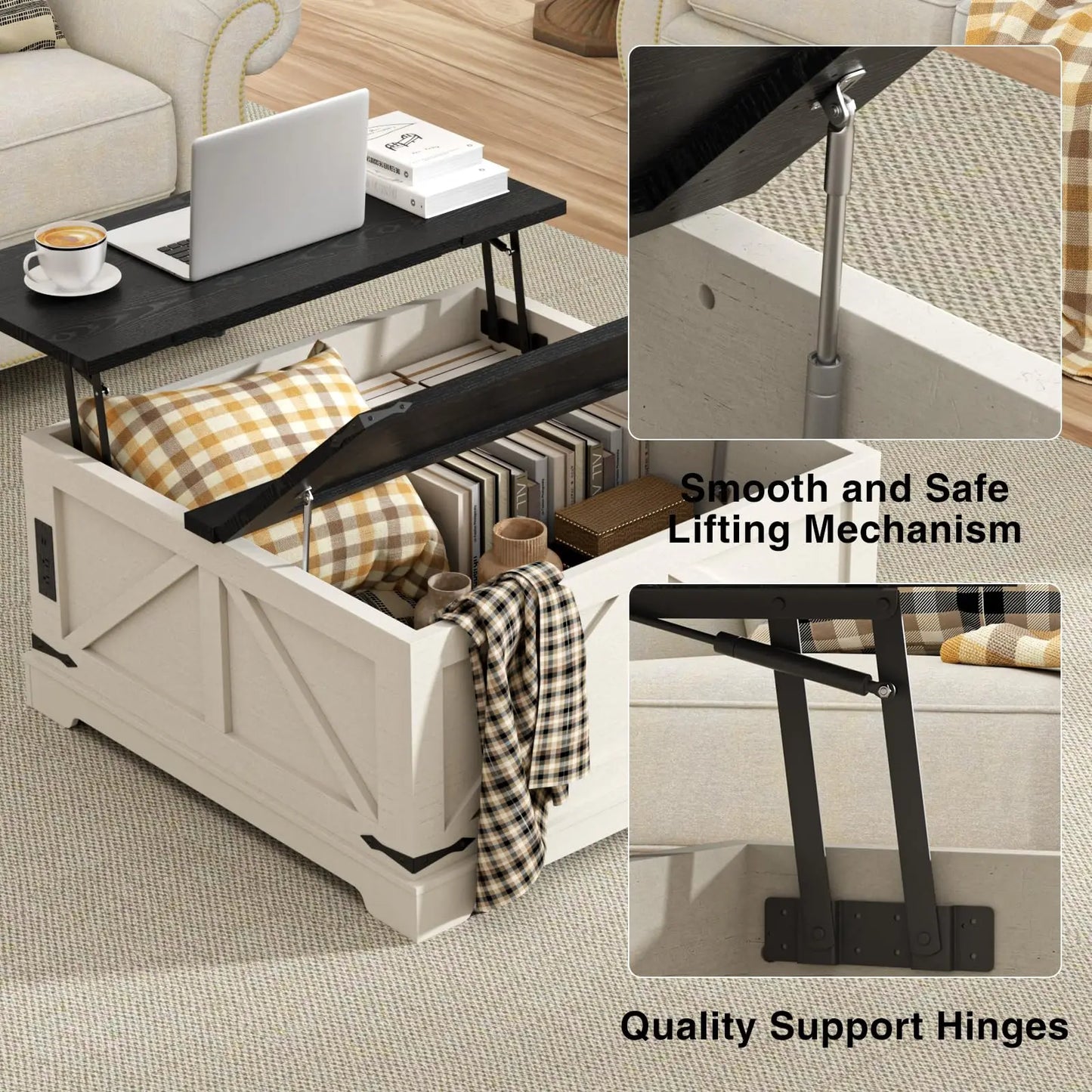 Vabches Lift Top Coffee Table with Storage Square Center Table with Power Outlet&Flip Top Lids Wood Coffee Table for Living Room