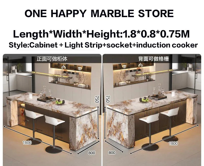 Luxury Marble Kitchen Island Dining Table, Custom Modern Bar Countertop, High-End Open Kitchen Design, Integrated Home Furniture