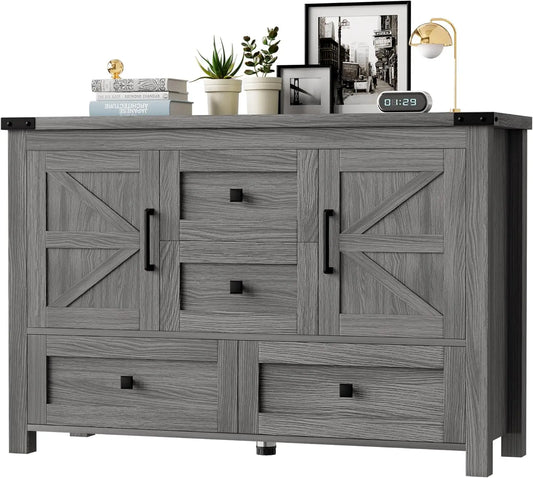 Farmhouse Grey Dresser for Bedroom with 4 Drawers and 2 Barn Doors Grey Wood Chest of Drawers 47 Inch Wide Large Long Adjustable